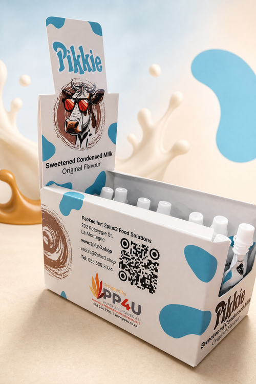 A retail display box of Pikkie Sweetened Condensed Milk, showing multiple individual bottles inside. The packaging is white with blue cow-print spots and features the Pikkie brand logo with a cow wearing sunglasses.